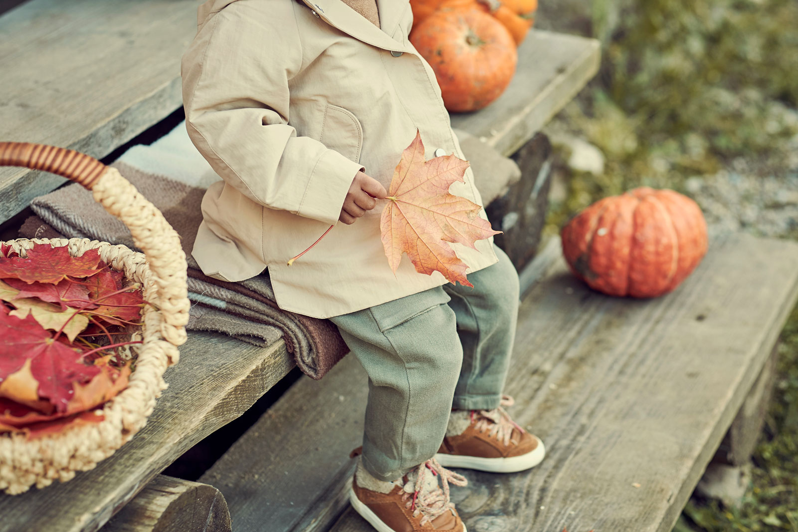 Photo of a young child holding a leaf and sitting next to pumpkins