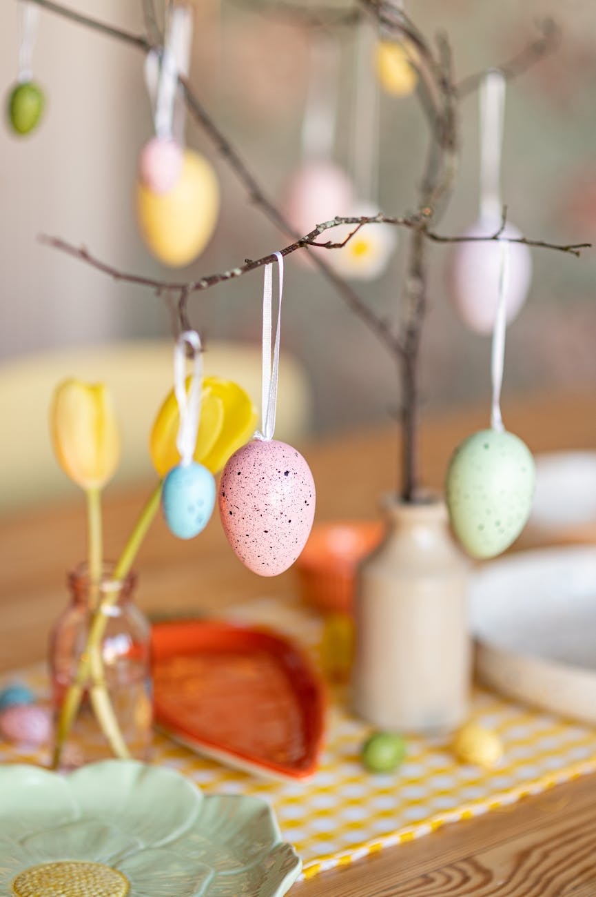 colorful easter egg tree and spring decor