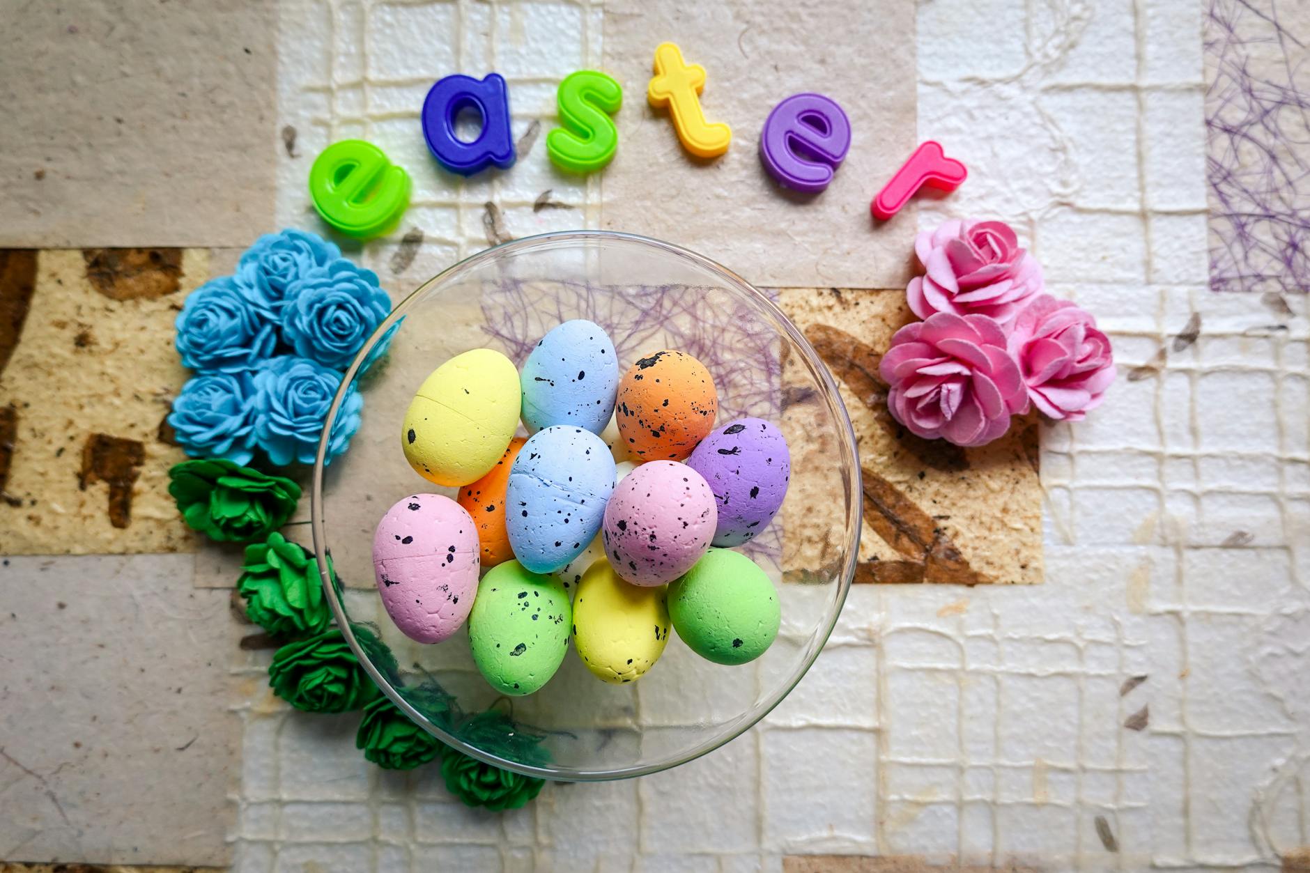 colorful easter egg arrangement with flowers